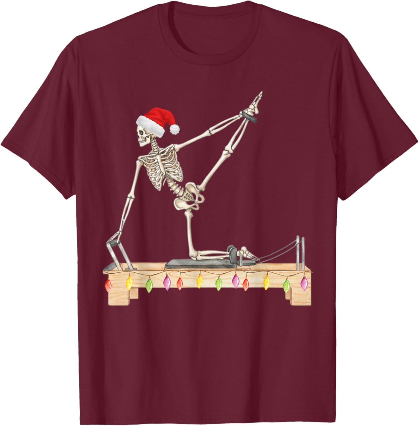 Skeleton Doing Reformer Pilates Machine Pumpkin Christmas T-Shirt - T-Shirt | Maroon