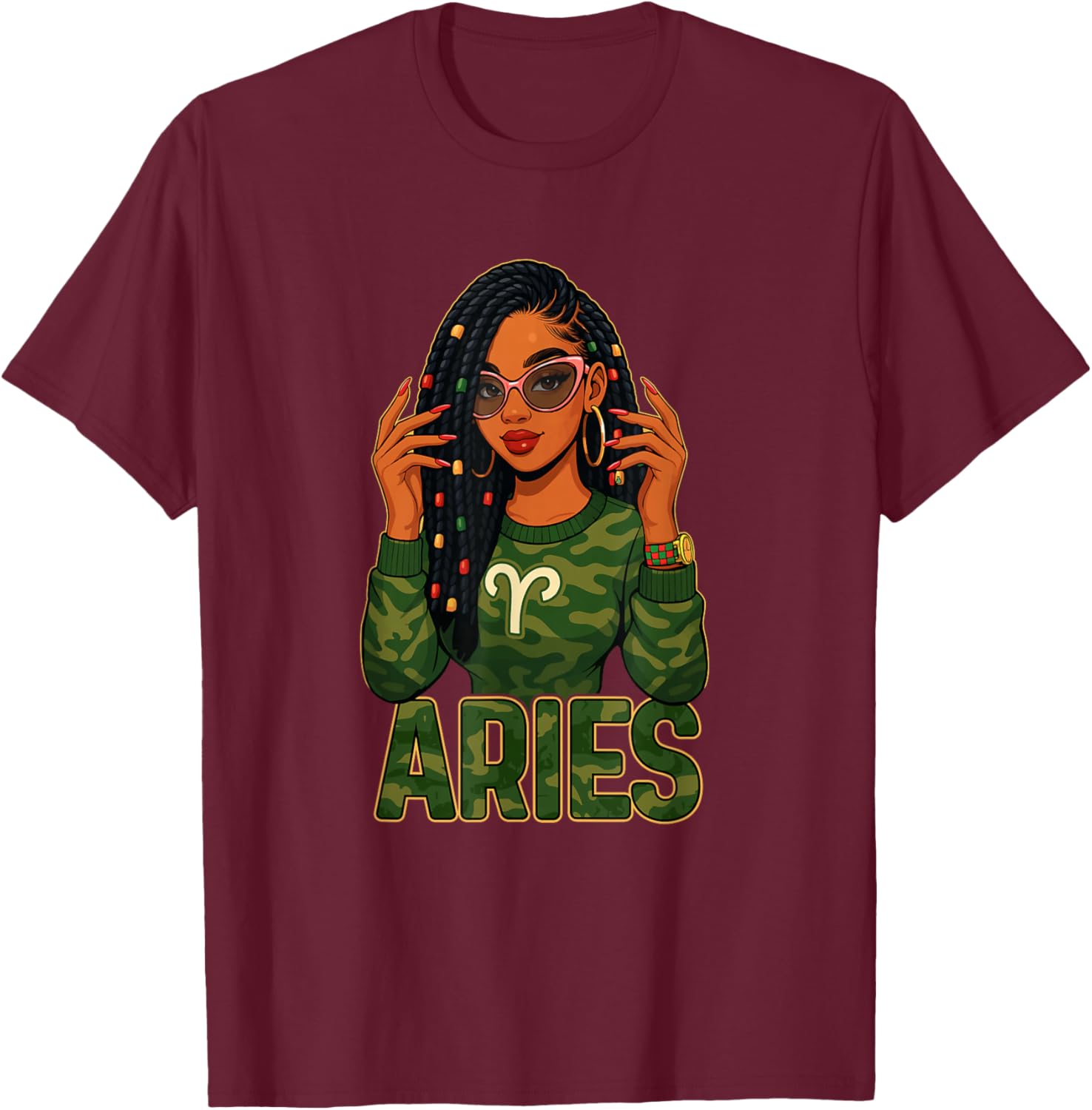 Aries Queen Aries Zodiac Sign Loc'd Afro Girl T-Shirt - T-Shirt | Maroon