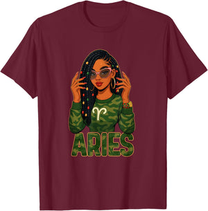 Aries Queen Aries Zodiac Sign Loc'd Afro Girl T-Shirt - T-Shirt | Maroon