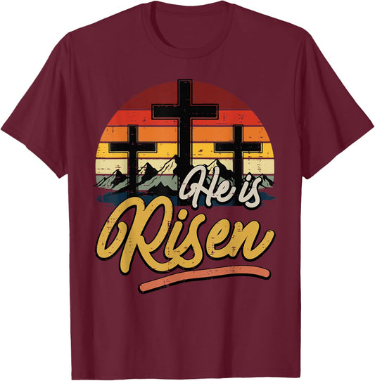 Easter Cross He is Risen Retro Jesus Christian Men Women Kid T-Shirt - T-Shirt | Maroon