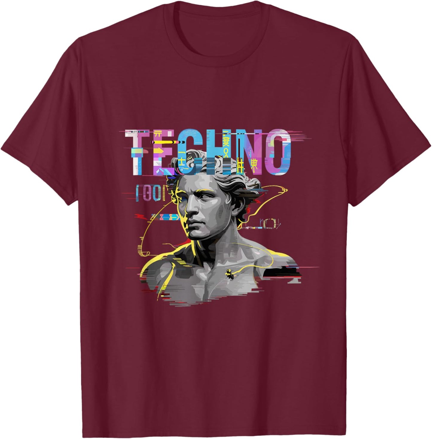 Futuristic Techno Statue Glitch Raver DJ Festival T-Shirt - T-Shirt | Maroon