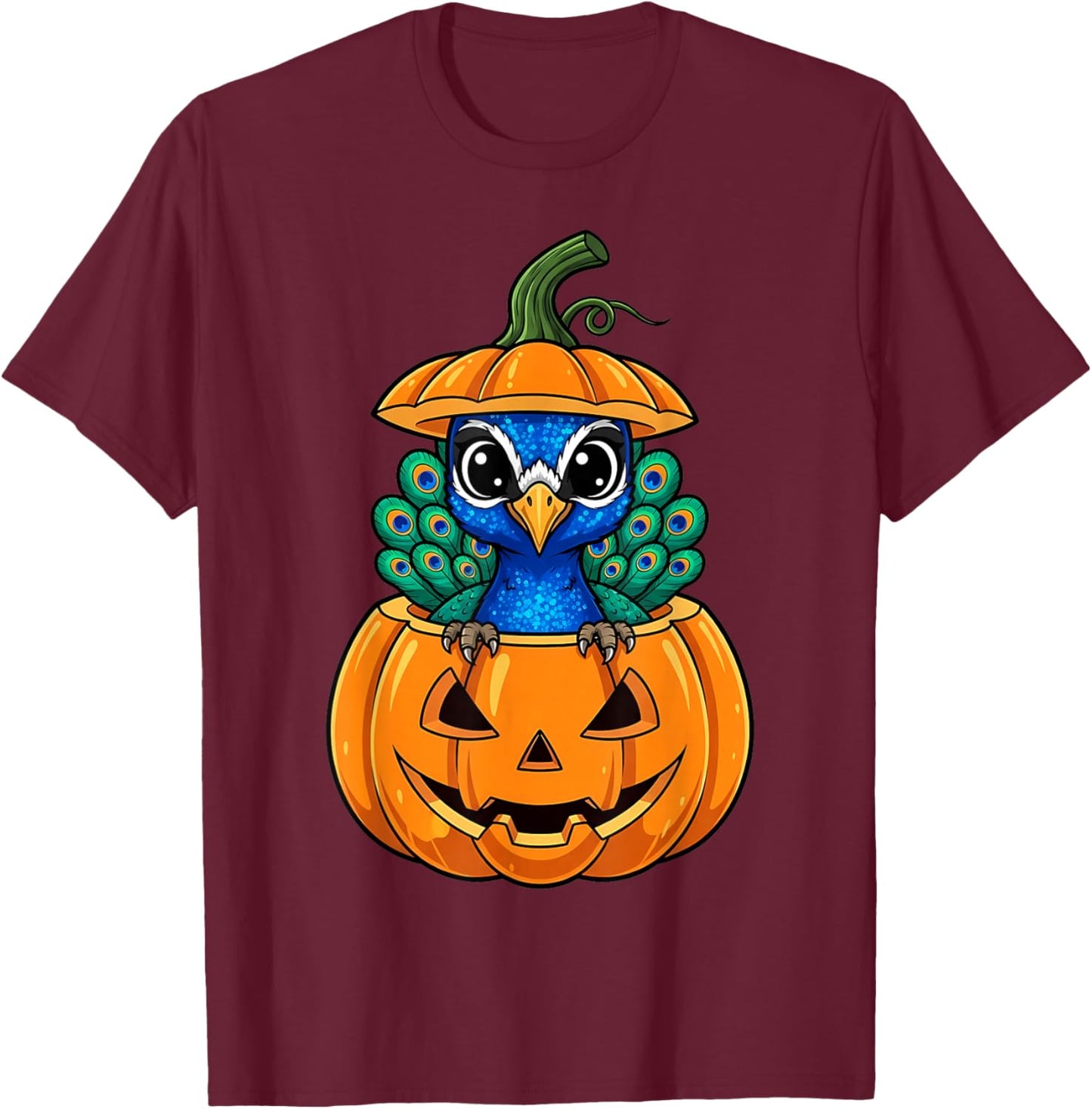 Peacock in Jack-o'-Lantern Pumpkin Halloween T-Shirt - T-Shirt | Maroon