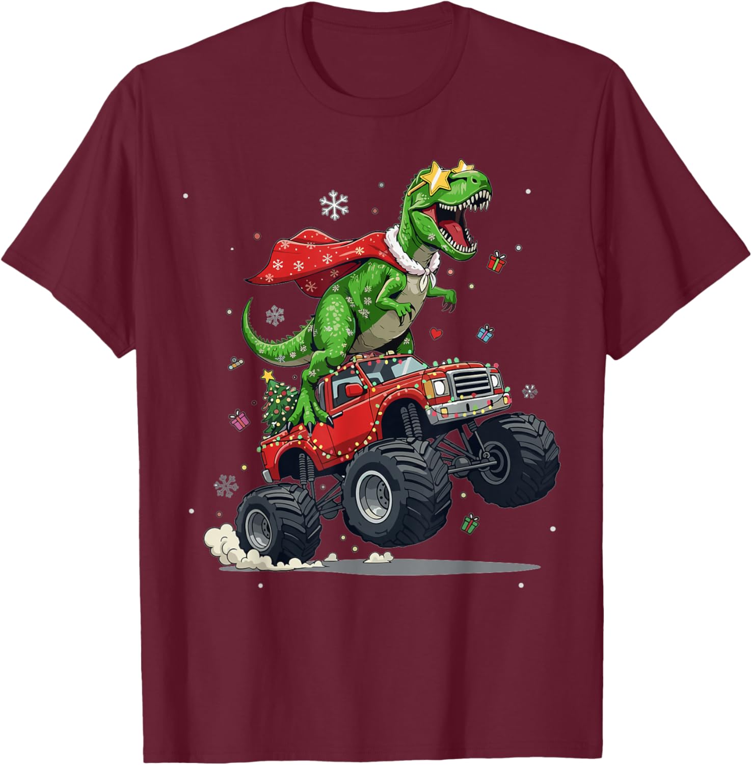 Dinosaur Christmas T Rex Monster Truck Santa Holiday T-Shirt - T-Shirt | Maroon