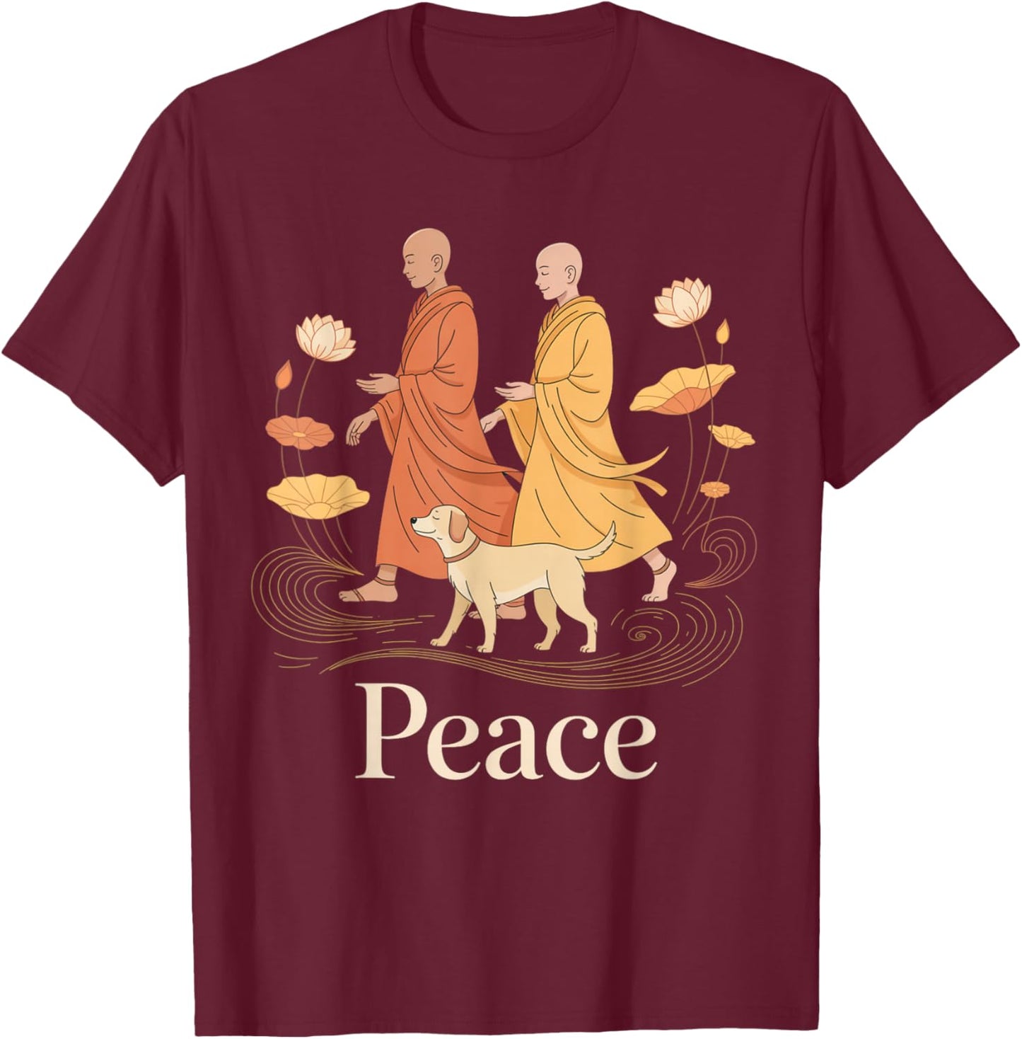 Peace Walking Monks Zen Calm Minimalist Art T-Shirt - T-Shirt | Maroon