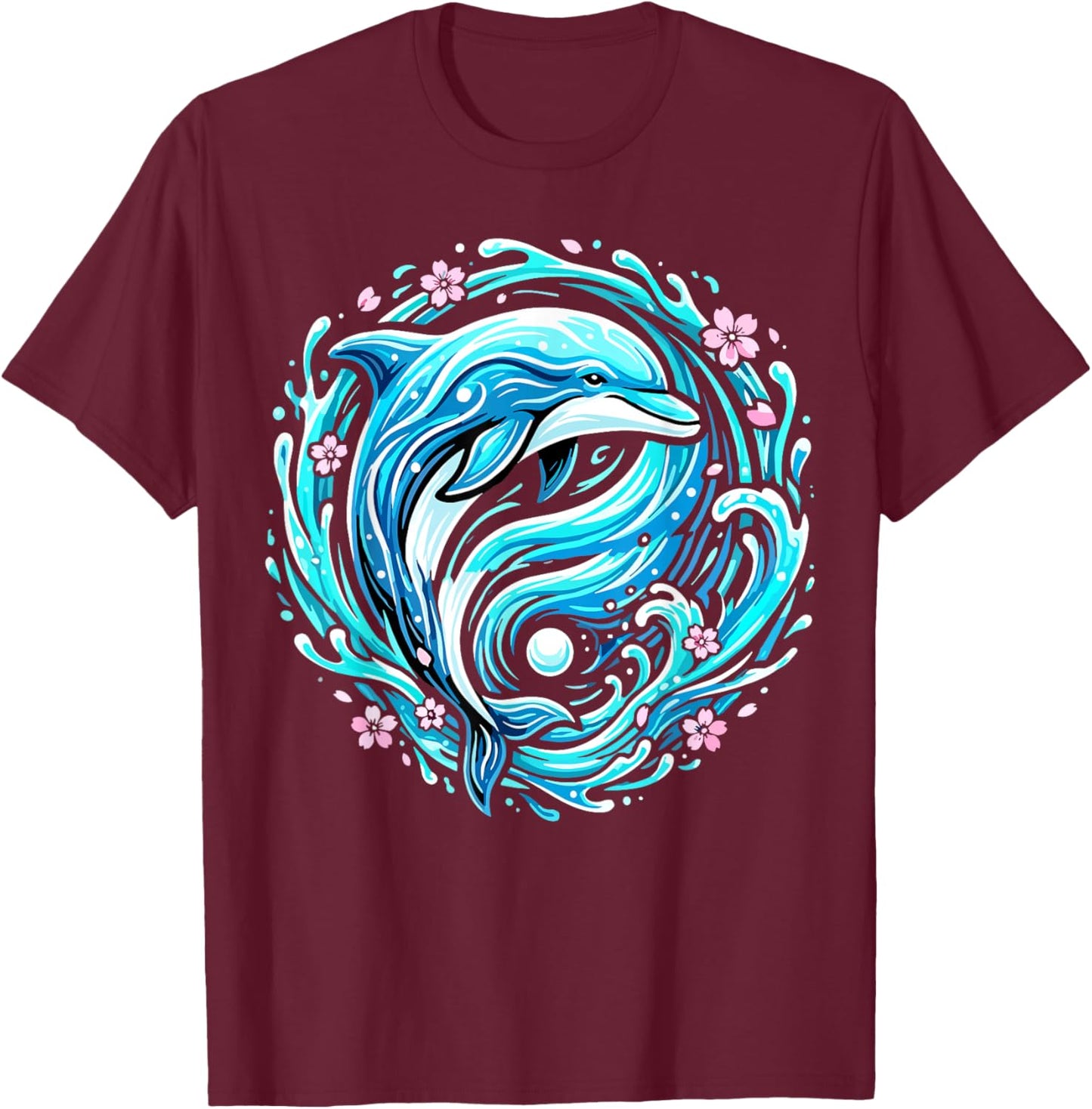 Cute Dolphin Ocean Wave Floral T-Shirt - T-Shirt | Maroon