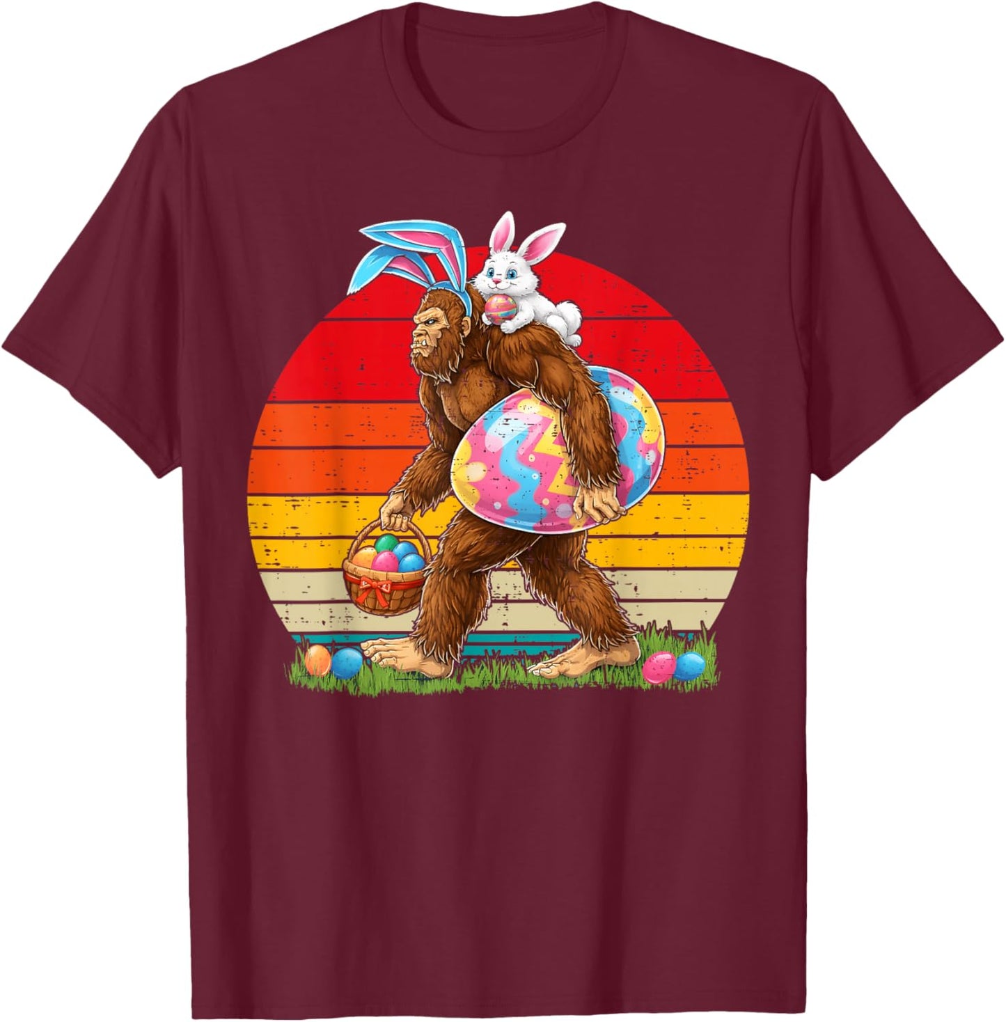Retro Bigfoot Sasquatch Bunny Easter Eggs Men Kids T-Shirt - T-Shirt | Maroon