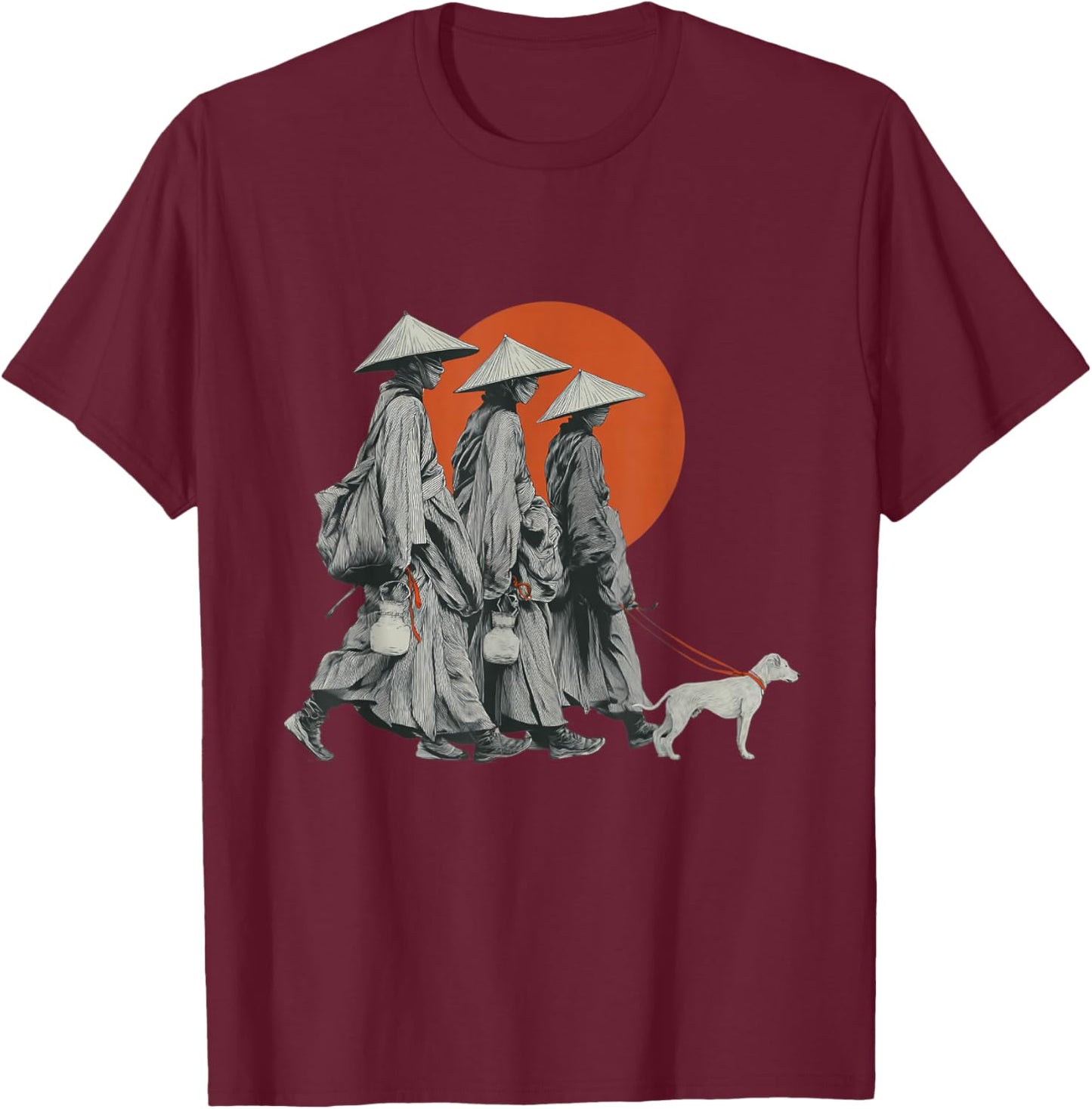 Walk for Peace Monks with Aloka Dog Minimalist Zen Art T-Shirt - T-Shirt | Maroon