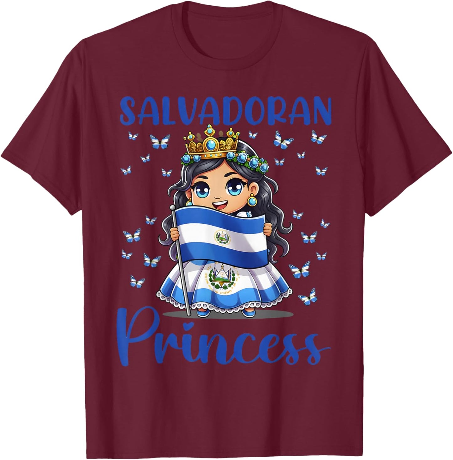 Salvadoran Princess Flag Butterfly Cute Chibi T-Shirt - T-Shirt | Maroon
