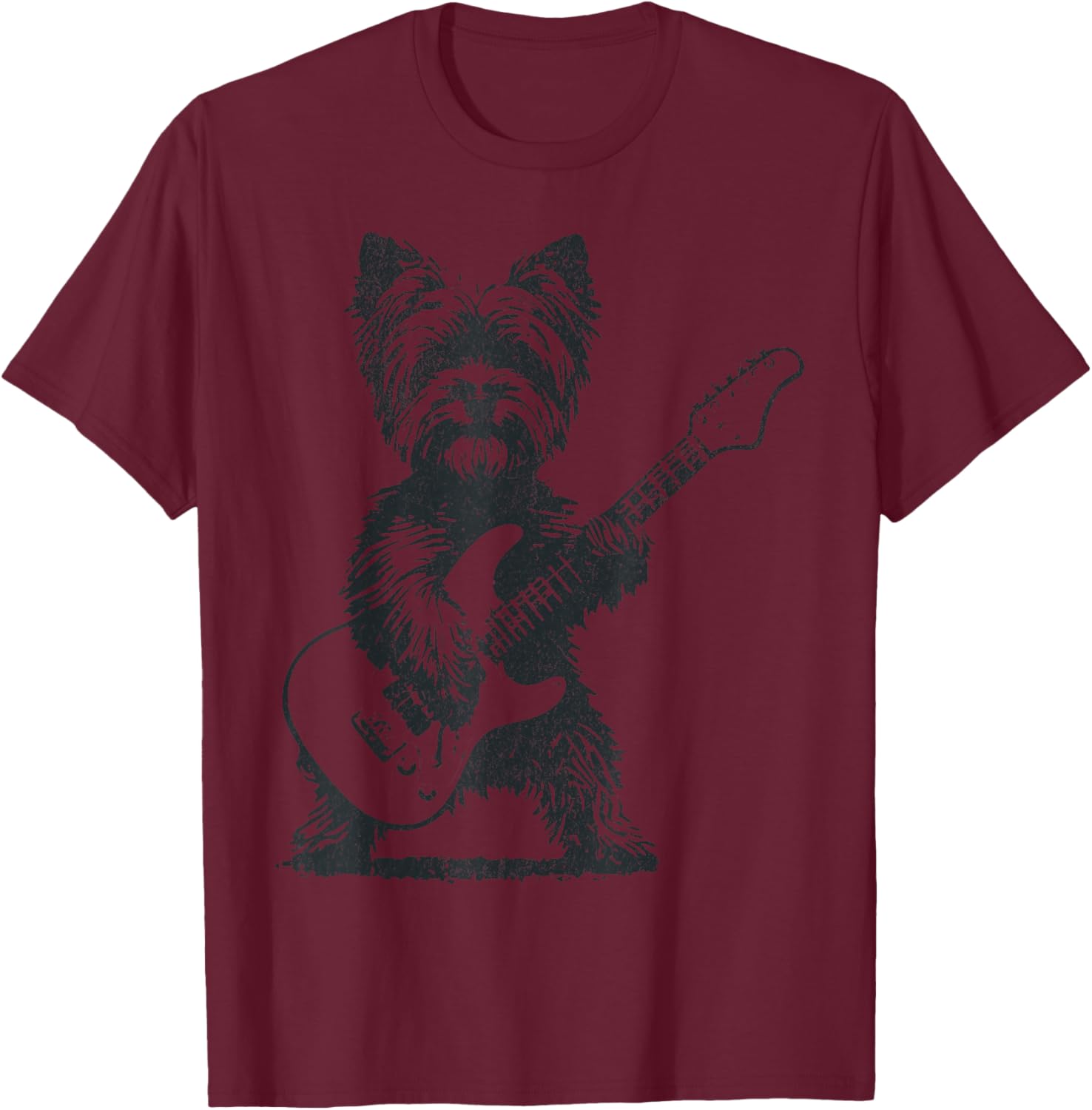 Vintage Yorkie Rock Dog Playing Guitar Funny Music Art T-Shirt - T-Shirt | Maroon