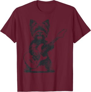 Vintage Yorkie Rock Dog Playing Guitar Funny Music Art T-Shirt - T-Shirt | Maroon
