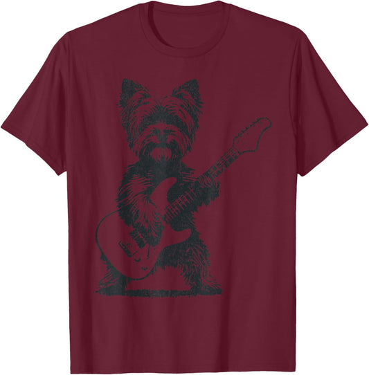 Vintage Yorkie Rock Dog Playing Guitar Funny Music Art T-Shirt - T-Shirt | Maroon
