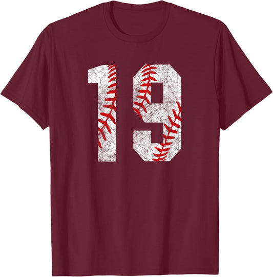 Vintage Baseball Mom #19 Jersey Baseball Jersey Number 19 T-Shirt - T-Shirt | Maroon