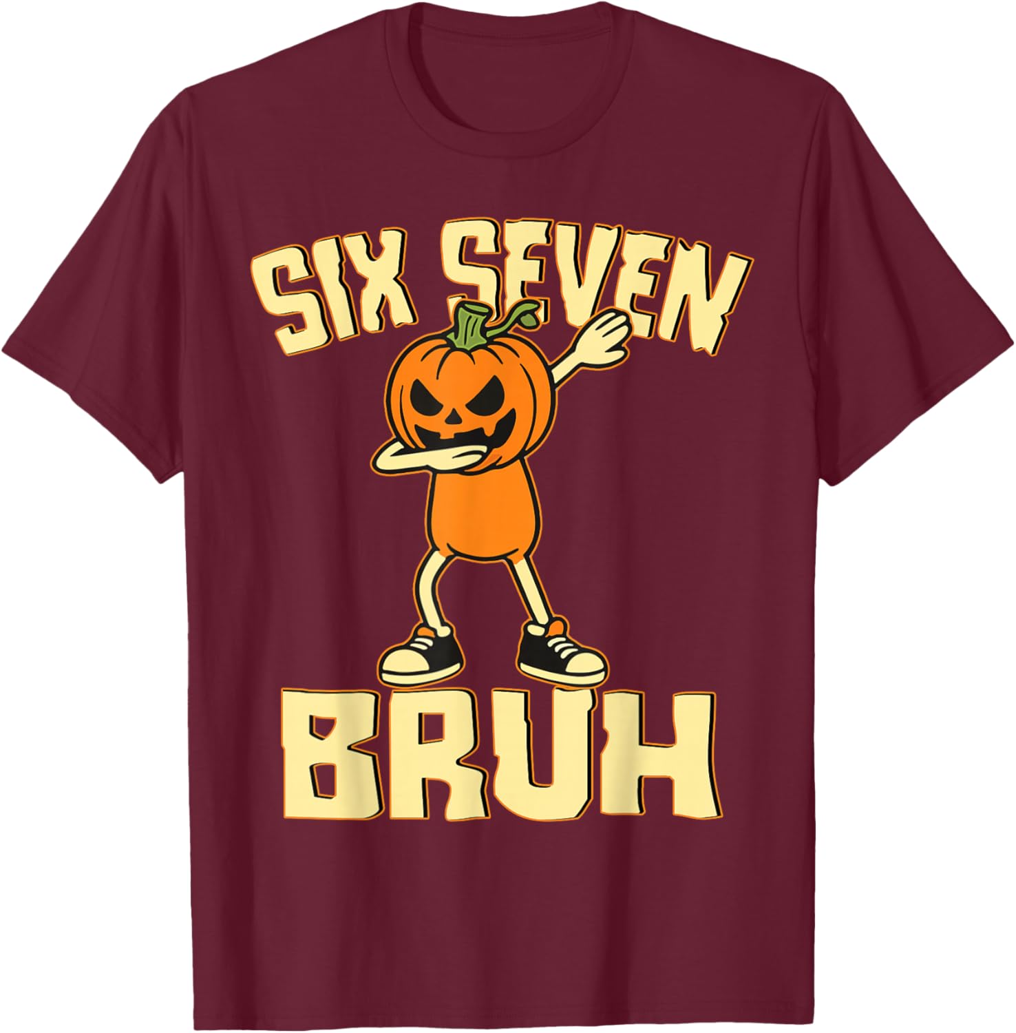 Funny Six Seven Bruh 6 7 Meme Dabbing Pumpkin Boy Halloween T-Shirt - T-Shirt | Maroon