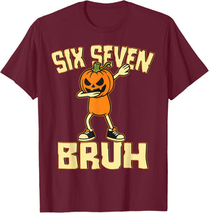 Funny Six Seven Bruh 6 7 Meme Dabbing Pumpkin Boy Halloween T-Shirt - T-Shirt | Maroon