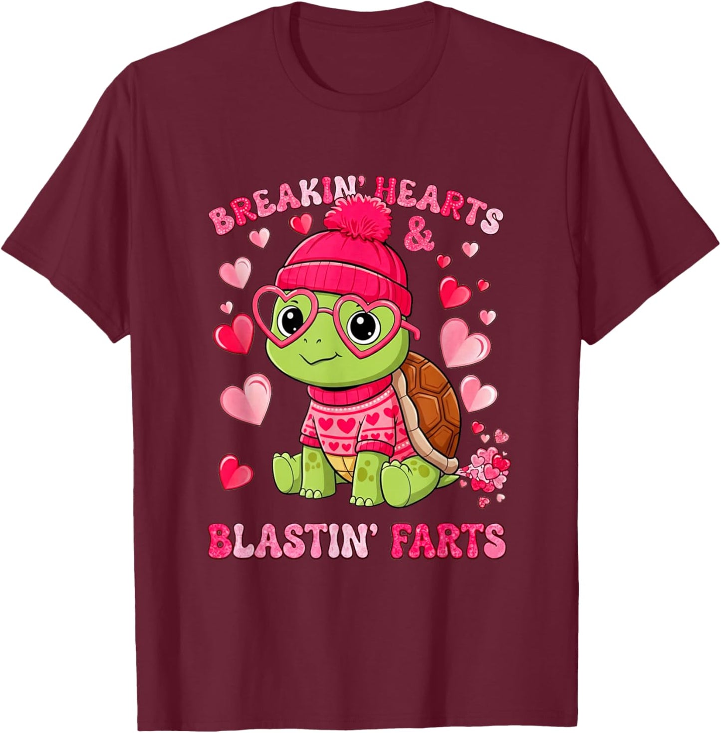 Funny Turtle Breaking Hearts Blasting Farts Valentines Day T-Shirt - T-Shirt | Maroon