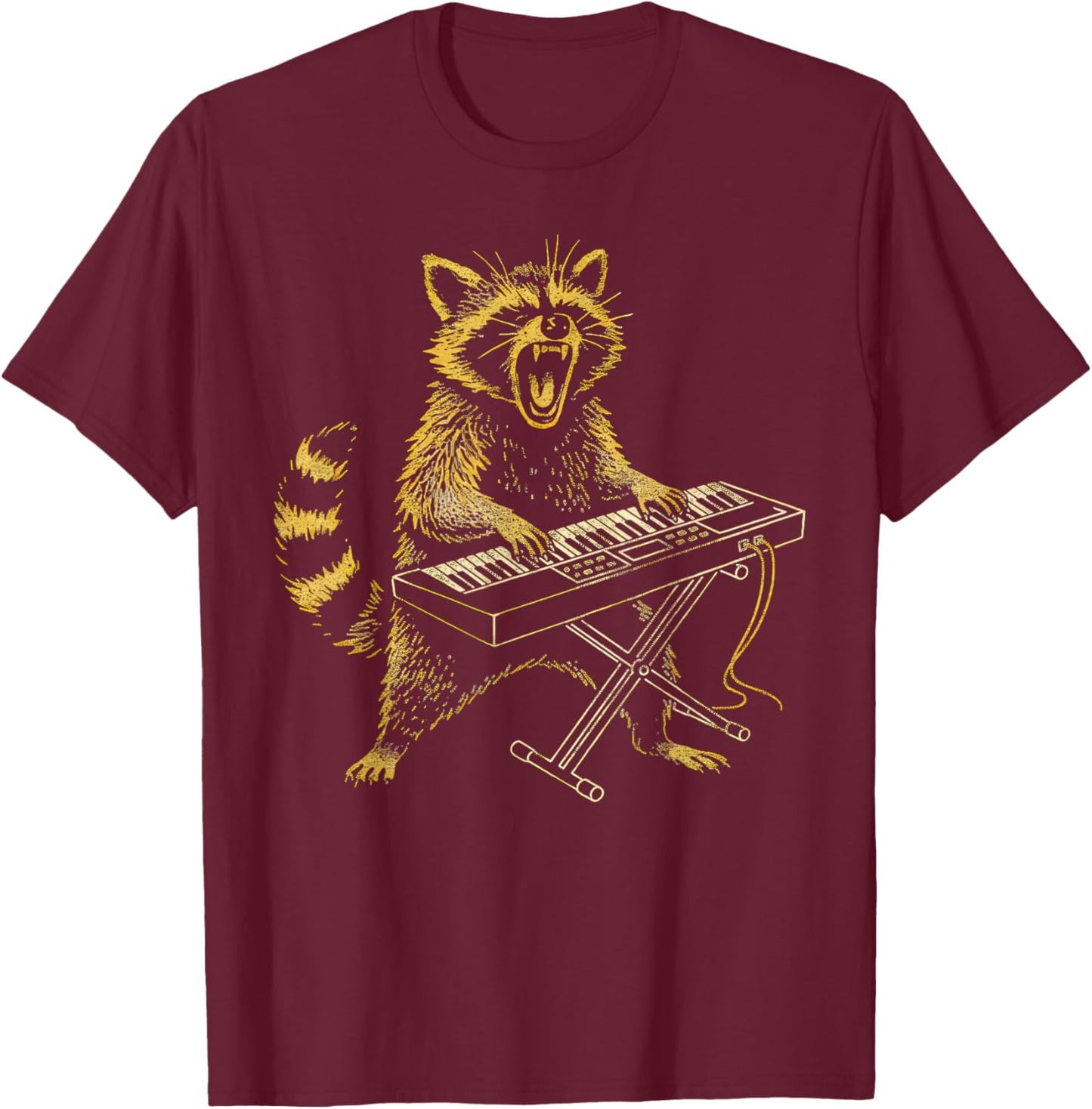 Vintage Raccoon Playing Piano Rock Keyboard Musical Teacher T-Shirt - T-Shirt | Maroon