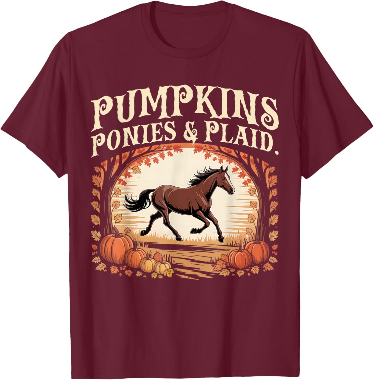 Retro Pumpkins Ponies & Plaid T-Shirt - T-Shirt | Maroon