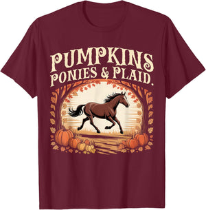 Retro Pumpkins Ponies & Plaid T-Shirt - T-Shirt | Maroon