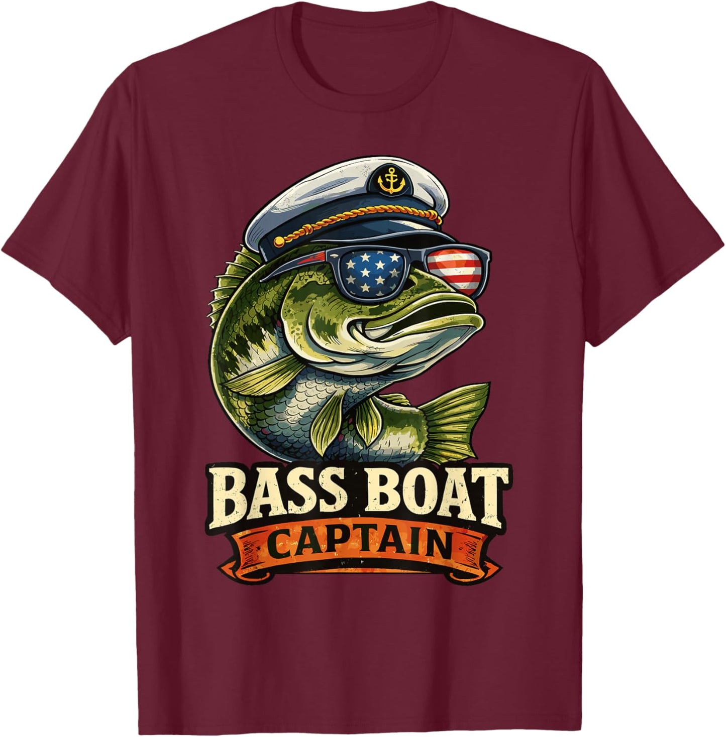 Funny Bass Boat Captain Patriotic American Flag Fishing T-Shirt - T-Shirt | Maroon