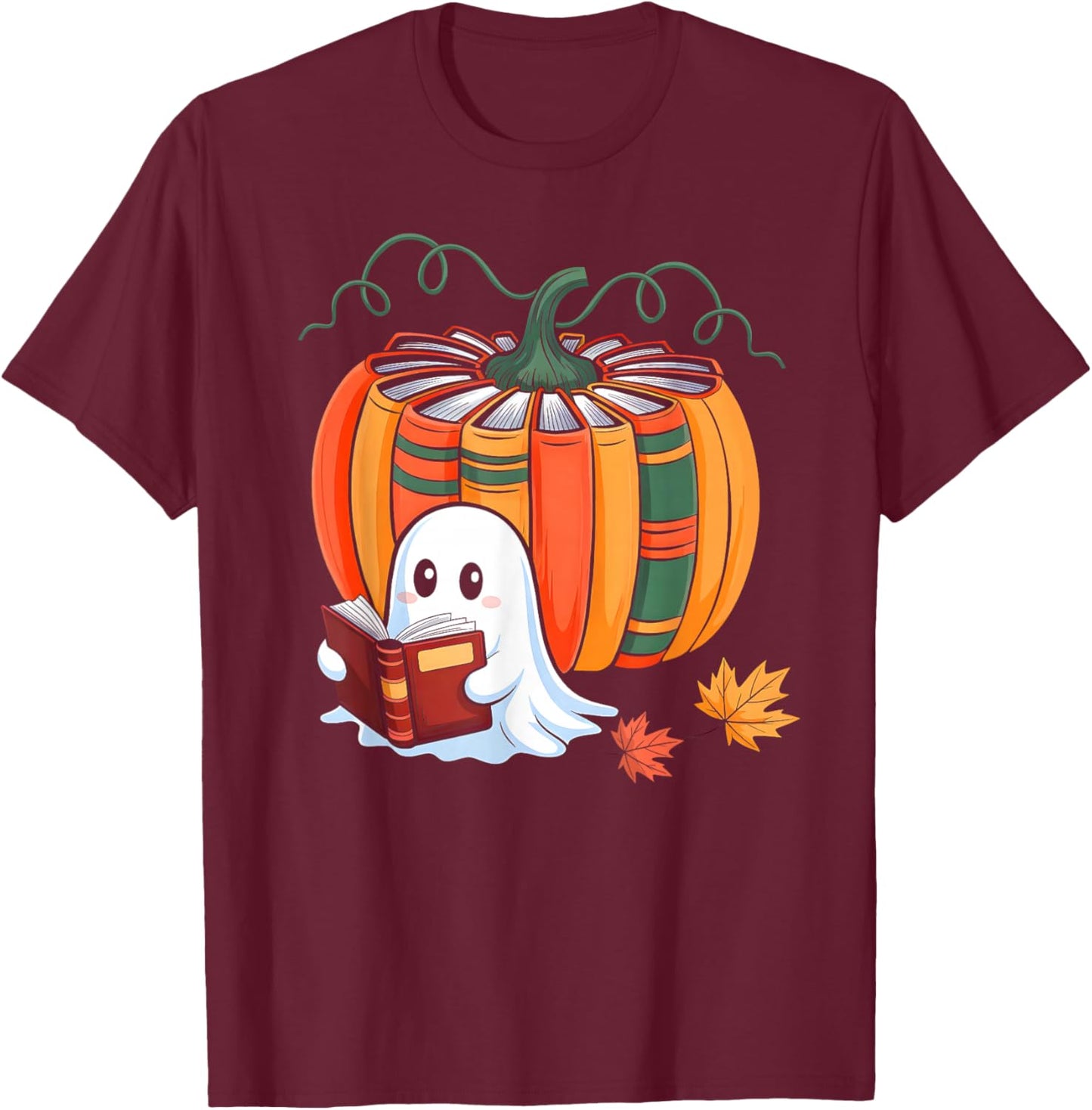 Fall Book Pumpkin Ghost Reading Books Halloween Teacher T-Shirt - T-Shirt | Maroon