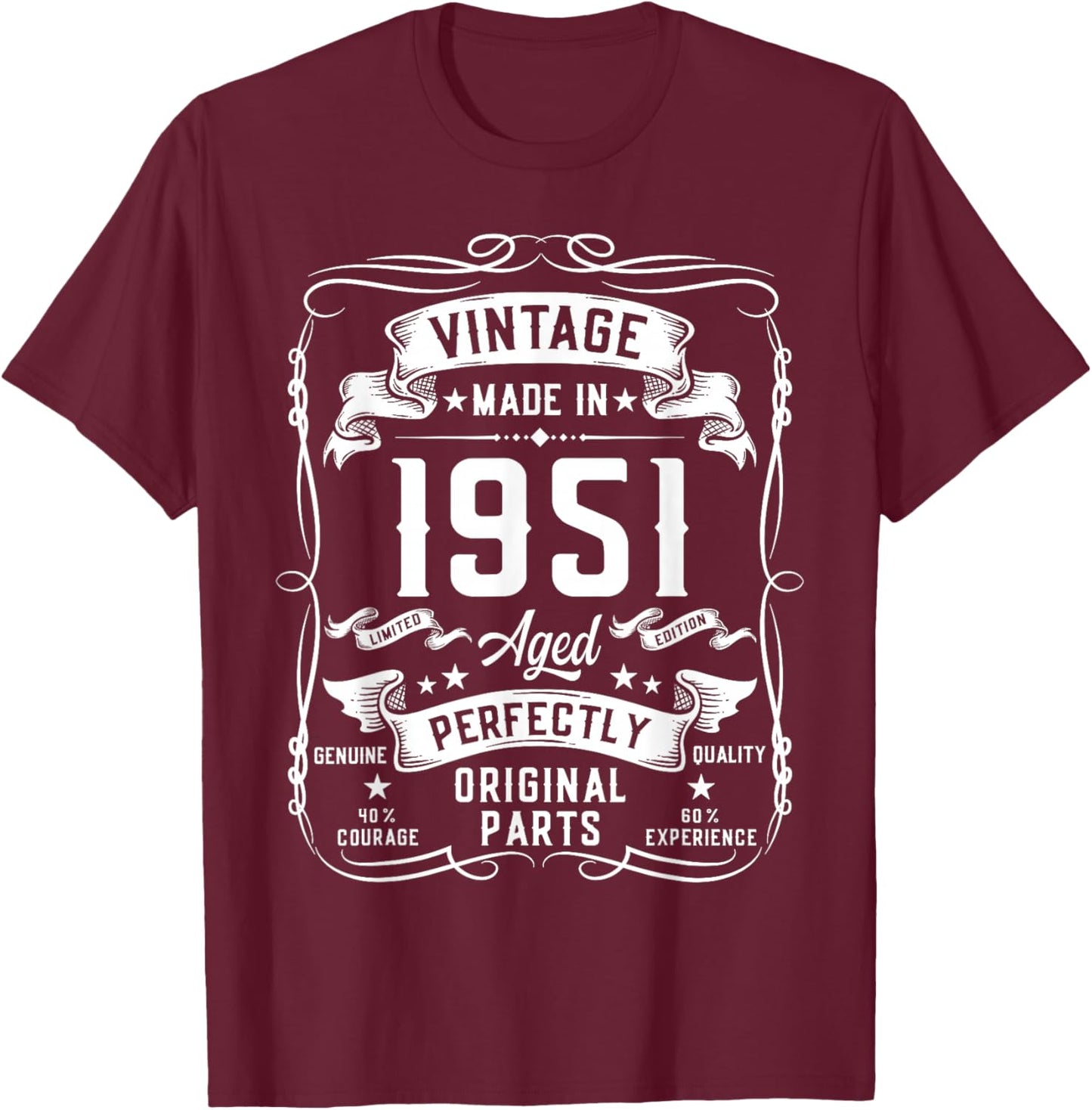 Vintage 1951 75yr 75th Birthday Gifts 75 Years Old T-Shirt - T-Shirt | Maroon