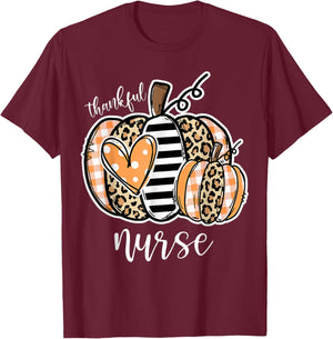 Thankful Nurse Leopard Plaid Pumpkin Thanksgiving Day T-Shirt - T-Shirt | Maroon