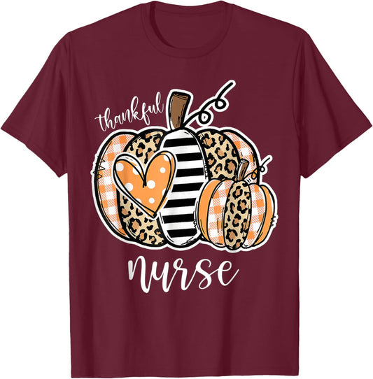 Thankful Nurse Leopard Plaid Pumpkin Thanksgiving Day T-Shirt - T-Shirt | Maroon
