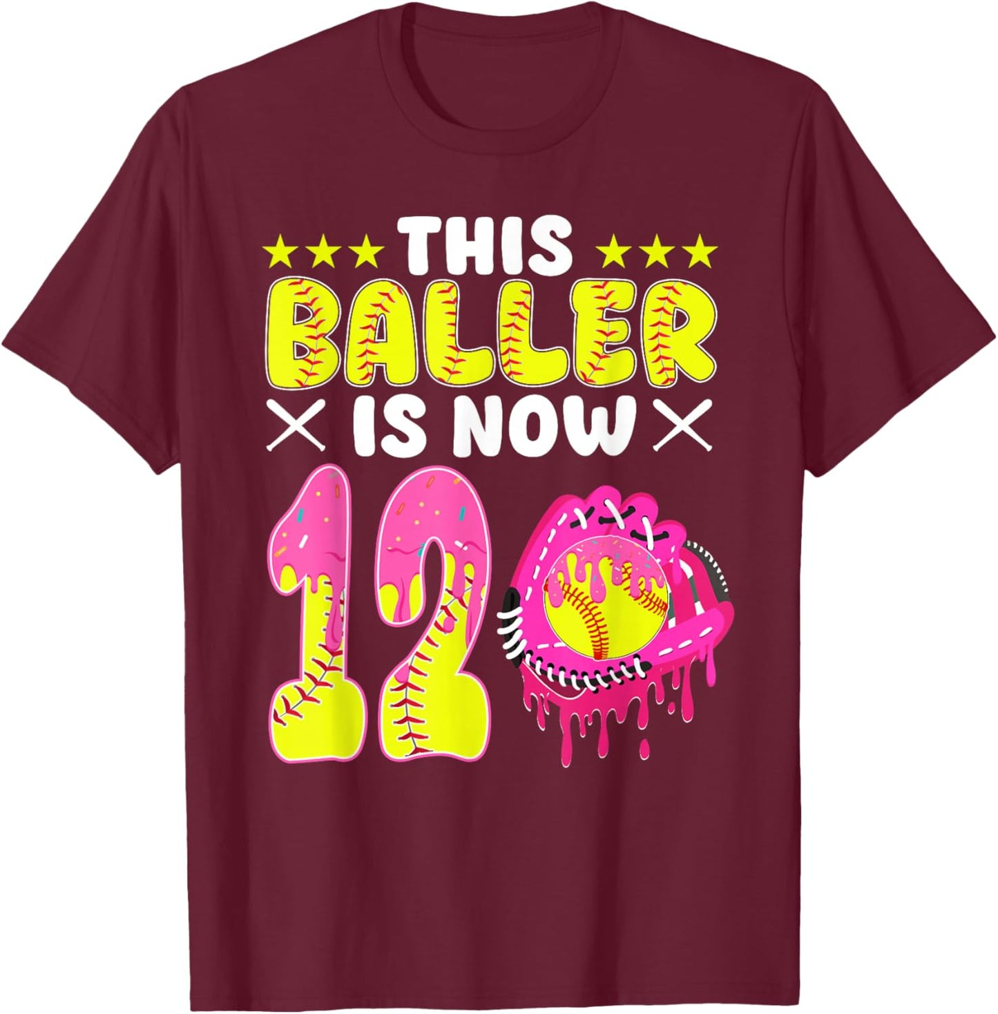 This Baller is Now 12 Year Old Bday Softball Ice Cream Drip T-Shirt - T-Shirt | Maroon