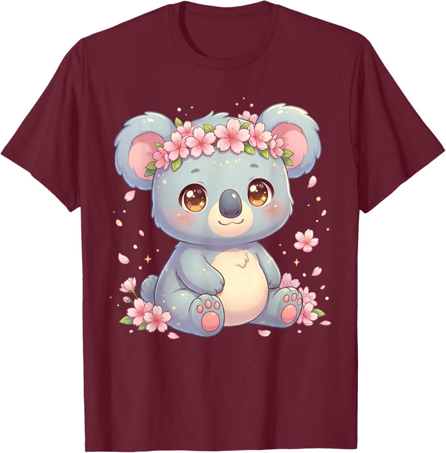 Cute Anime Koala with Cherry Blossoms Flower Kids Girls Boys T-Shirt - T-Shirt | Maroon