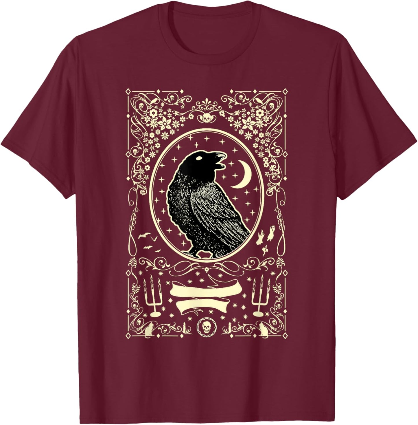 Gothic Black Raven Vintage Design T-Shirt - T-Shirt | Maroon