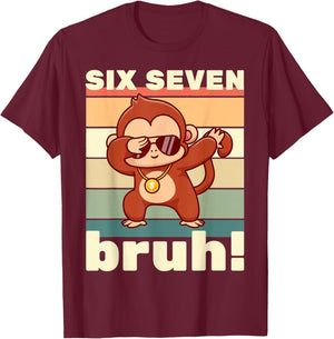 67 Meme Funny Six Seven Bruh Kids Boys Girls Dabbing Monkey T-Shirt - T-Shirt | Maroon