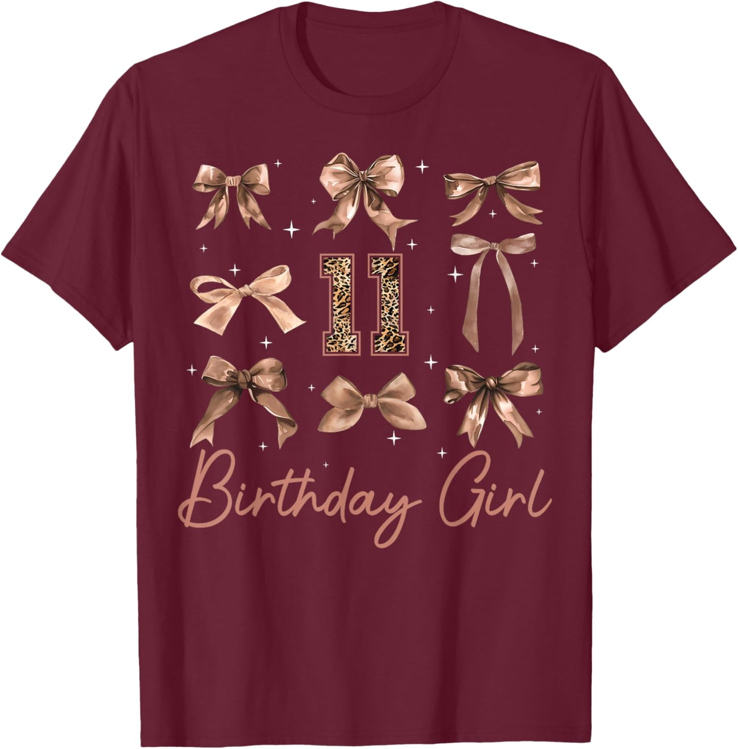 11th Birthday Girl Coquette Bow Leopard 11 Year Old Girls T-Shirt - T-Shirt | Maroon