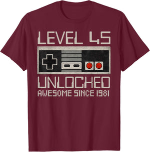 Level 45 Unlocked Awesome Since 1981 45th Birthday Gaming T-Shirt - T-Shirt | Maroon