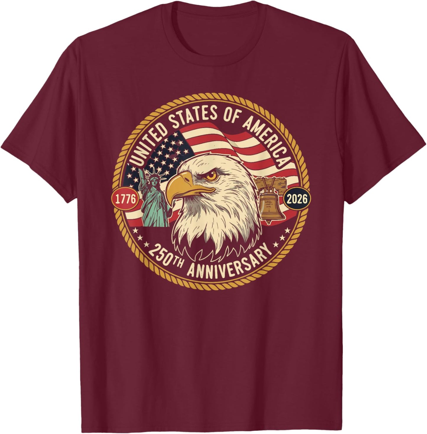 Vintage Eagle and USA Flag 250 Years 1776-2026 Anniversary T-Shirt - T-Shirt | Maroon