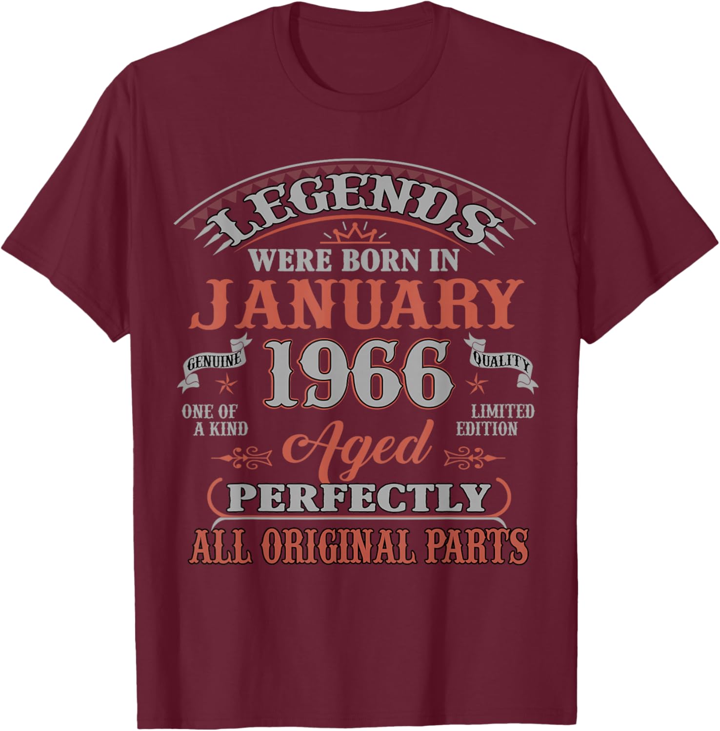 60th Birthday Gift Legend Born in January 1966 60 Yrs Old T-Shirt - T-Shirt | Maroon