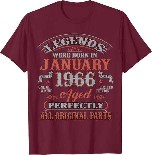 60th Birthday Gift Legend Born in January 1966 60 Yrs Old T-Shirt - T-Shirt | Maroon