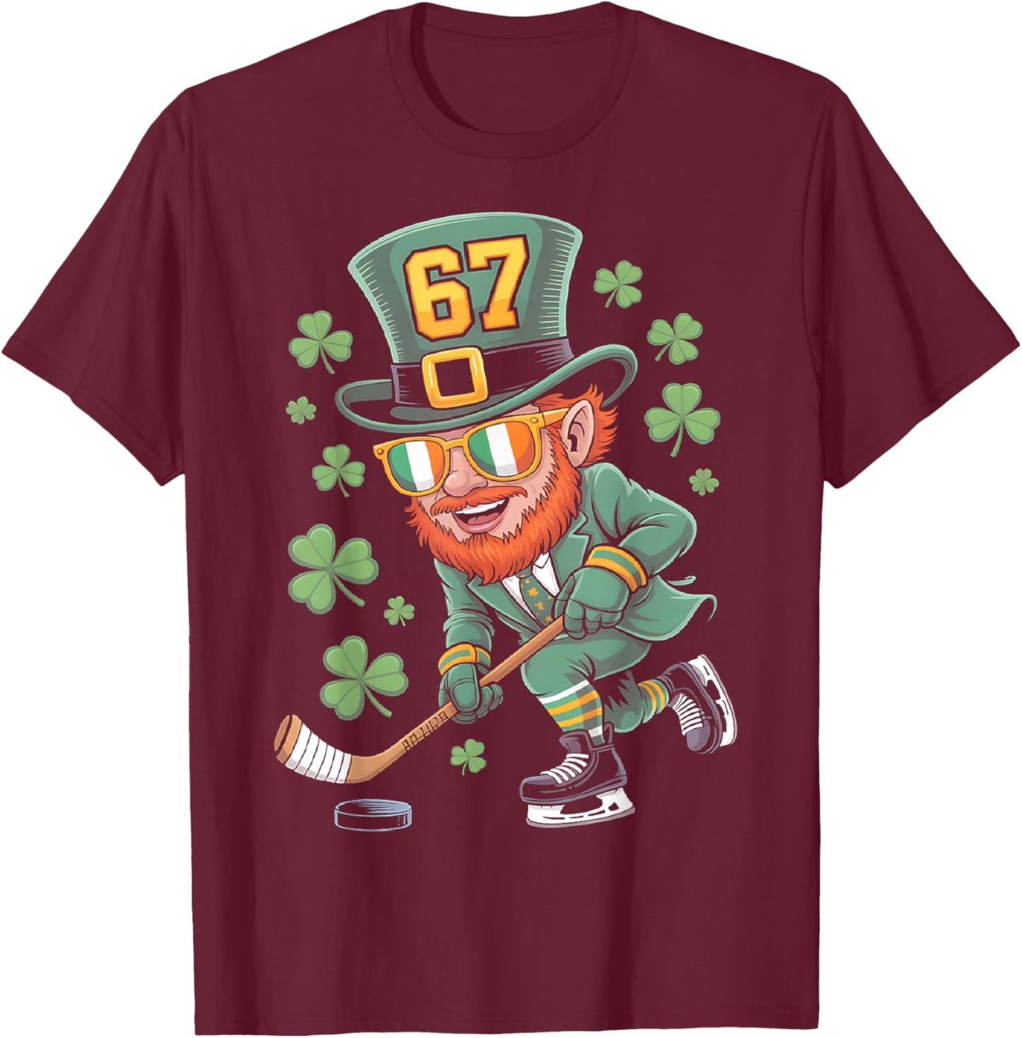 Leprechaun 67 Playing Hockey St Patricks Day Sport Boys T-Shirt - T-Shirt | Maroon