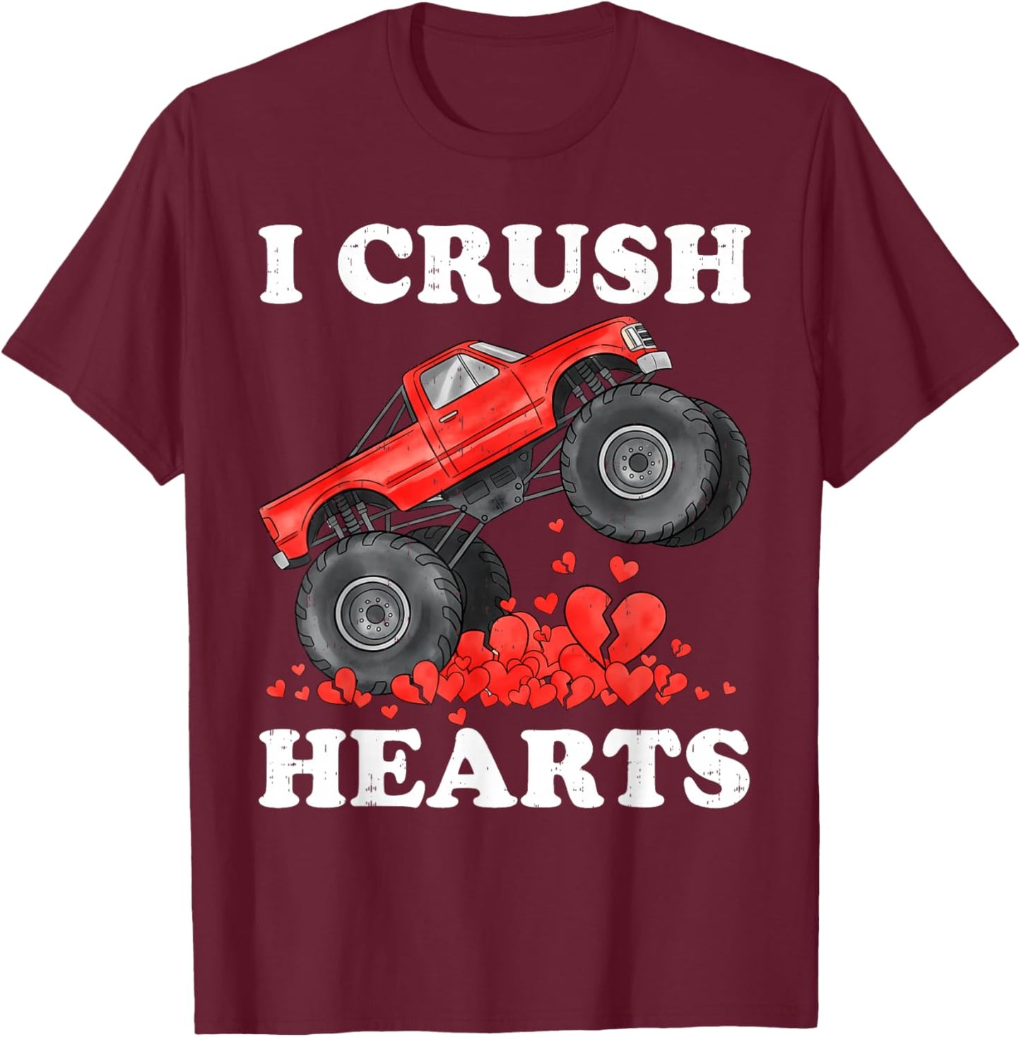 Monster Truck Teens Kids Boys I Crush Heart Valentines Day T-Shirt - T-Shirt | Maroon