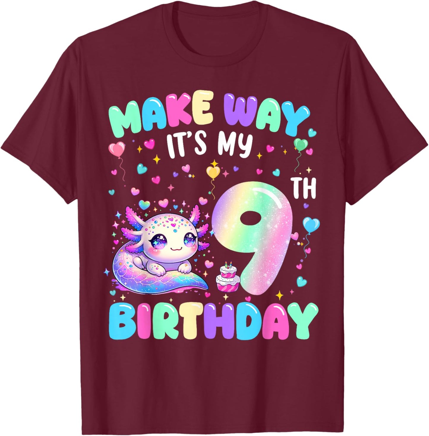 It's My 9th Birthday Girl Cute Axolotl 9 Year Old Bday Kids T-Shirt - T-Shirt | Maroon