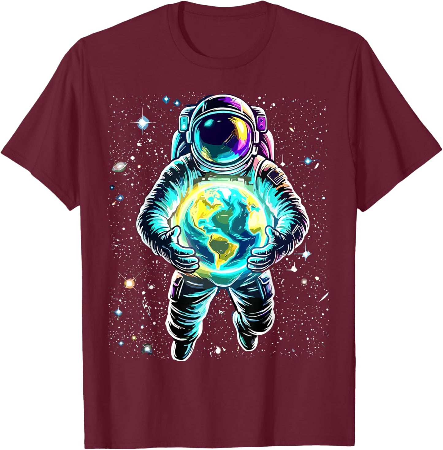 Astronaut Holding Earth Space T-Shirt - T-Shirt | Maroon