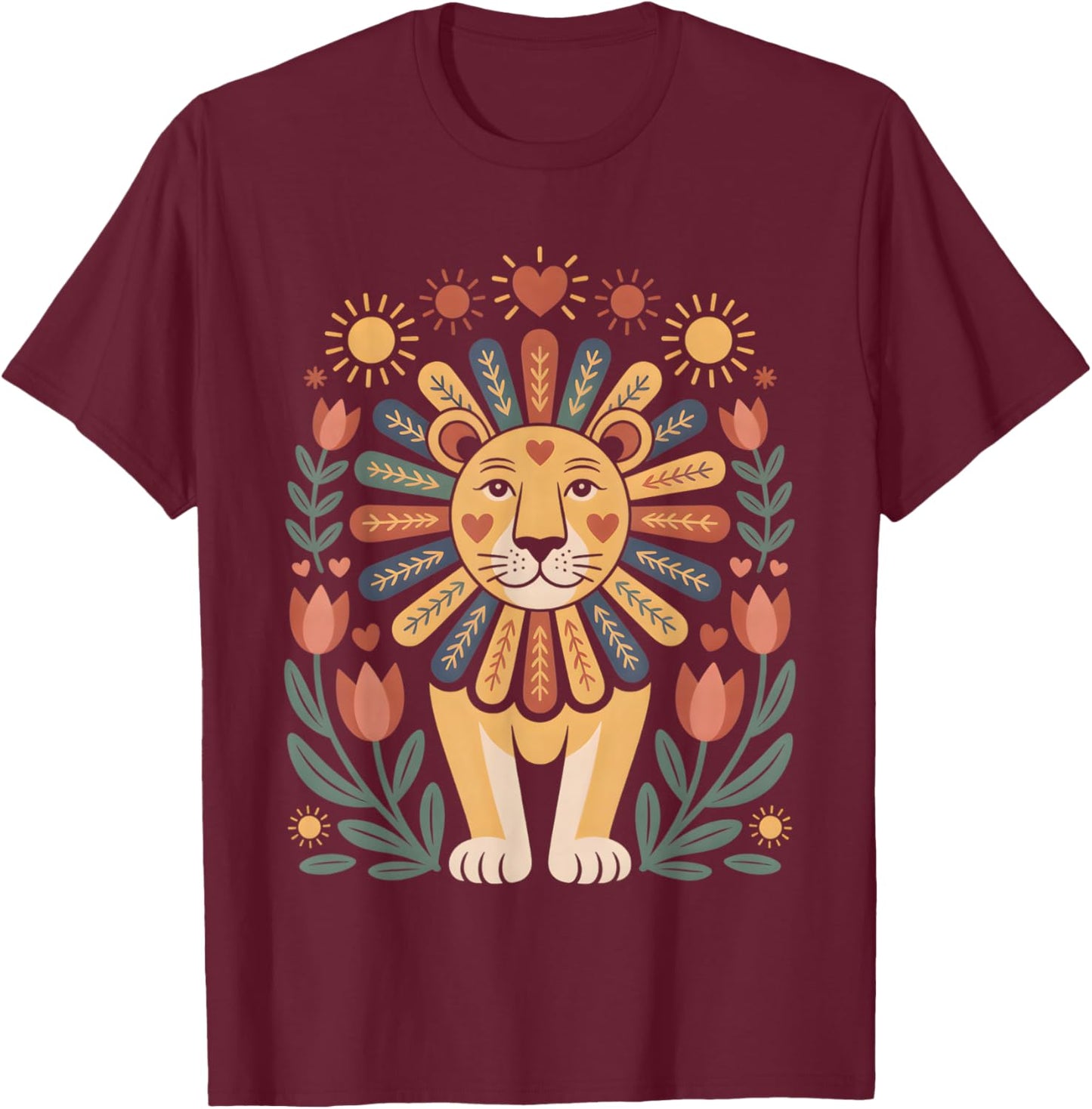 Scandinavian Folk Art Lion Floral Mane Jungle Sunshine Boho T-Shirt - T-Shirt | Maroon