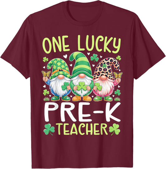 One Lucky Pre-K Teacher Gnomes Patricks Day Gnome Lover T-Shirt - T-Shirt | Maroon