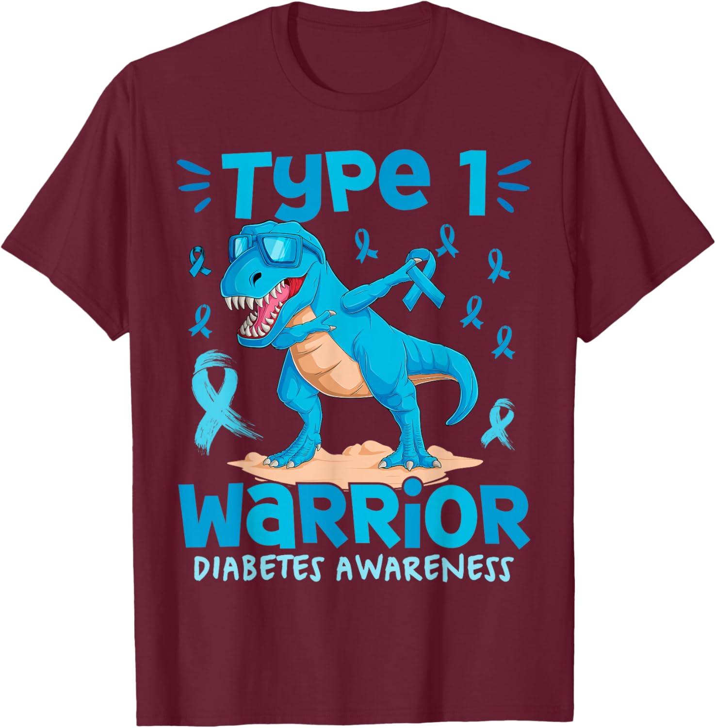 Type One Diabetes Awareness Dinosaur Boys Girls T1D Diabetic T-Shirt - T-Shirt | Maroon