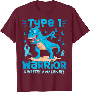 Type One Diabetes Awareness Dinosaur Boys Girls T1D Diabetic T-Shirt - T-Shirt | Maroon