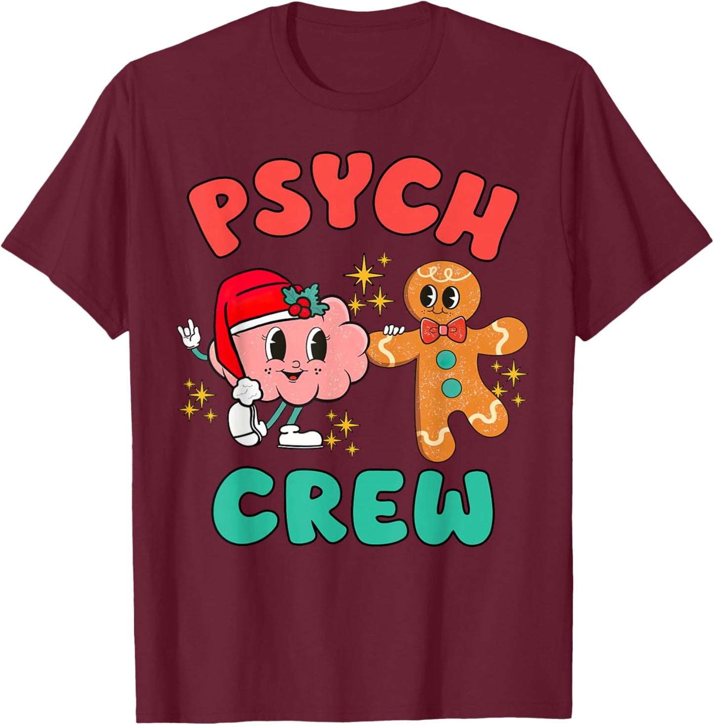 Psych Crew Brain Gingerbread Christmas School Psychologist T-Shirt - T-Shirt | Maroon