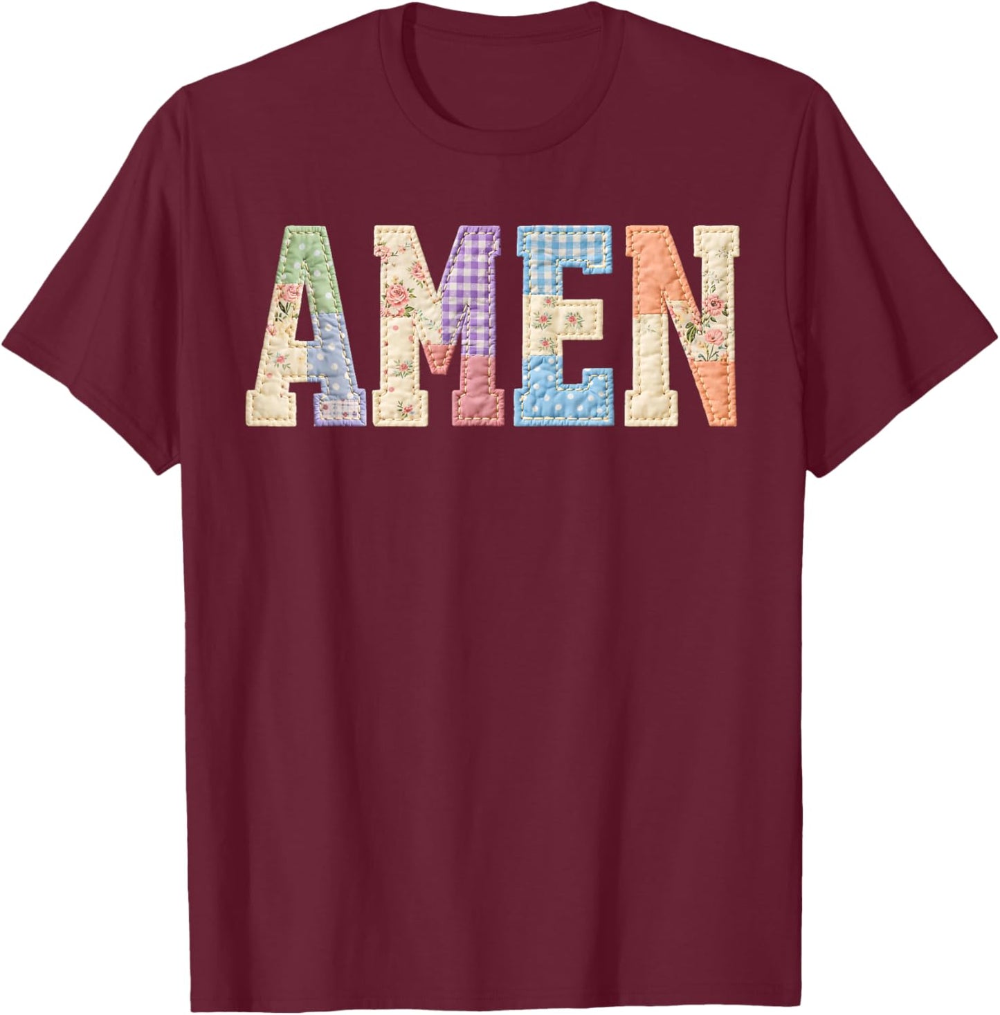 Amen He is Risen Patchwork Happy Easter Day Jesus Christian T-Shirt - T-Shirt | Maroon