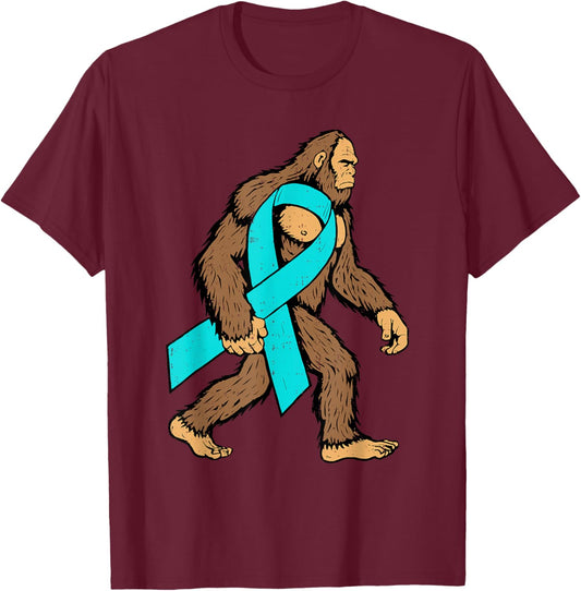 Cervical Cancer Awareness Bigfoot Ribbon Teal Support T-Shirt - T-Shirt | Maroon