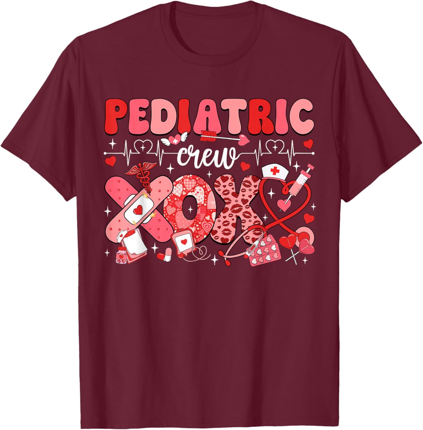 Pediatric Valentines Nurse Crew PEDS Nurse Valentines Day T-Shirt - T-Shirt | Maroon