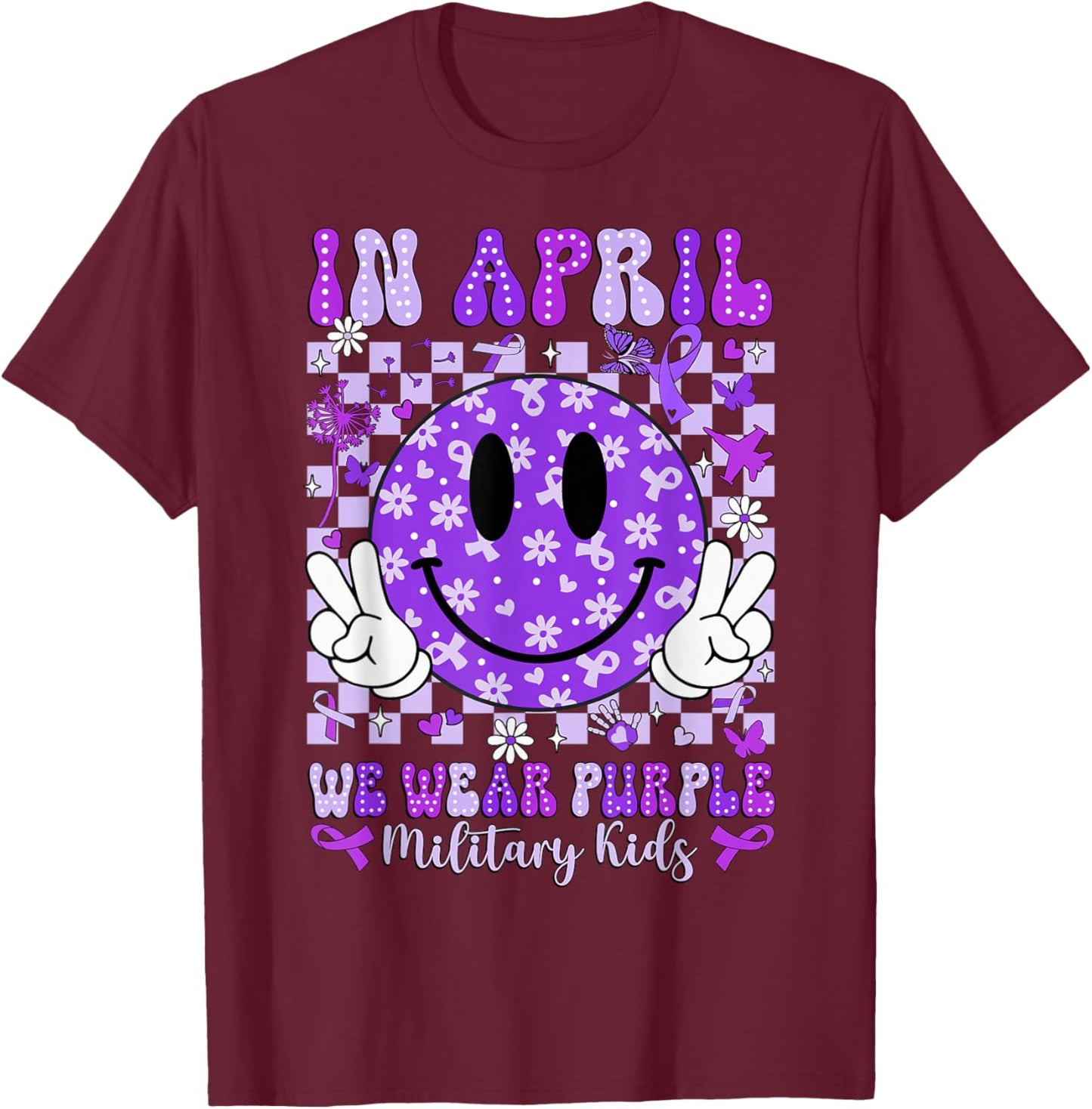 in April We Wear Purple for Military Smile Face Women Kids T-Shirt - T-Shirt | Maroon