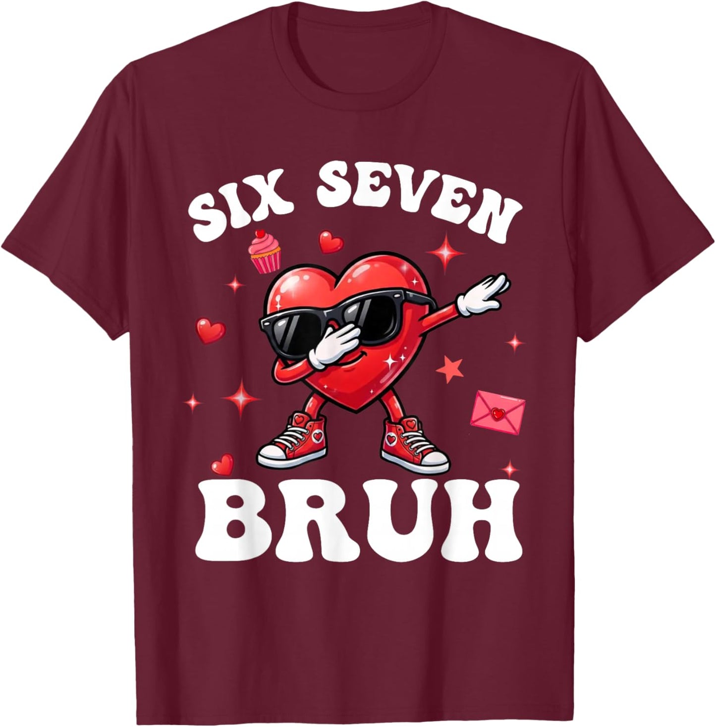 Bruh 67 Six Seven Meme Dab Heart Boys Kids Valentines Day T-Shirt - T-Shirt | Maroon